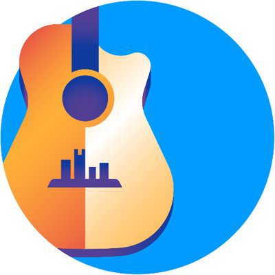 Image of a guitar in a blue circle with an image of the Tennessee skyline on the guitar in purple.