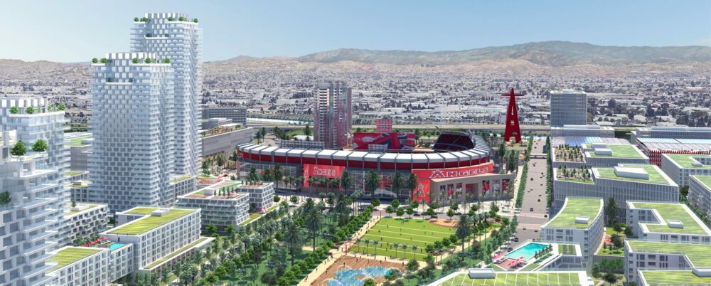 A rendering shows the look of planned development around Angel Stadium in Anaheim that is expected to include more than 5,000 homes, restaurants, shops and offices and a 7-acre public park. (Courtesy of SRB Management)