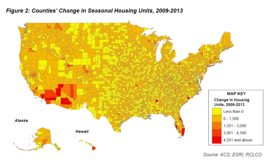 Counties' Change in Seasonal Housing Units, 2009-2013